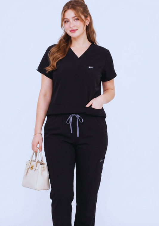 VITALA Onyx Black - V-Neck Scrub Set