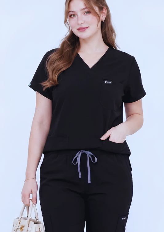 VITALA Onyx Black - V-Neck Scrub Set